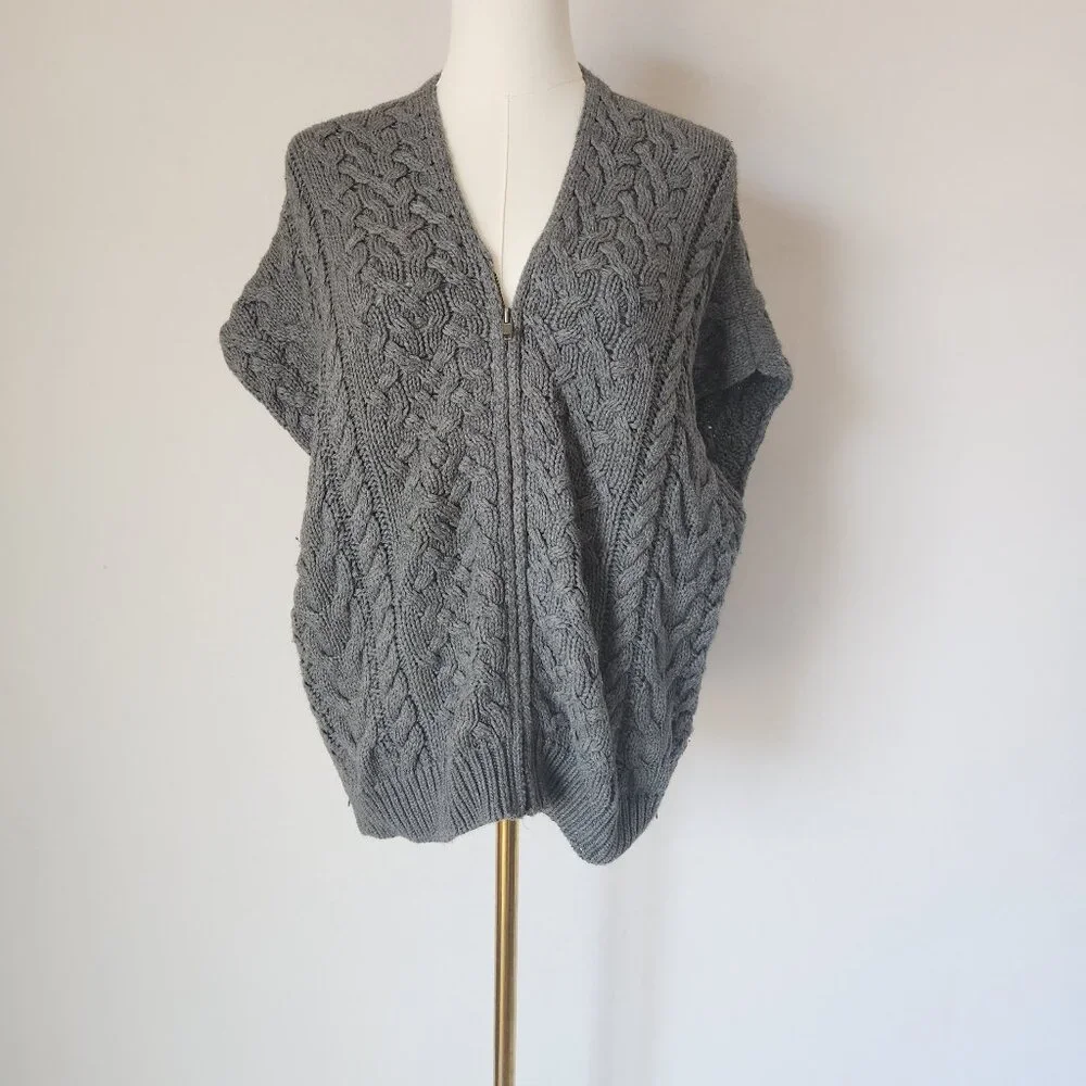 VINCE Cable-Knit Zip-Up Poncho Cape Sweater Side-Zipper Cotton Wool Cashmere